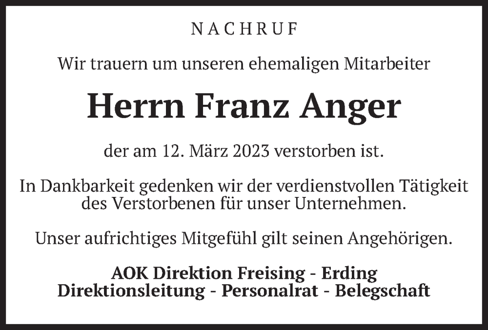  Traueranzeige für Franz Anger vom 21.03.2023 aus merkurtz