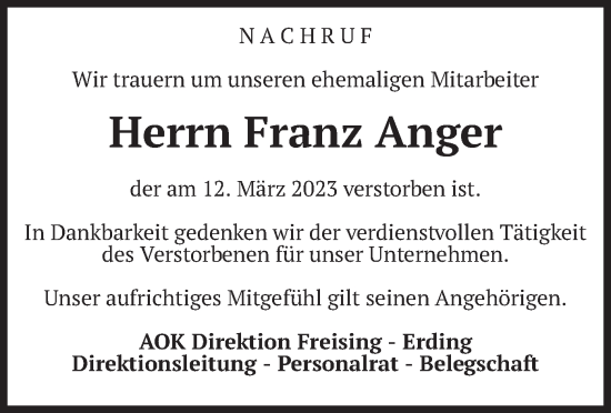 Traueranzeige von Franz Anger von merkurtz