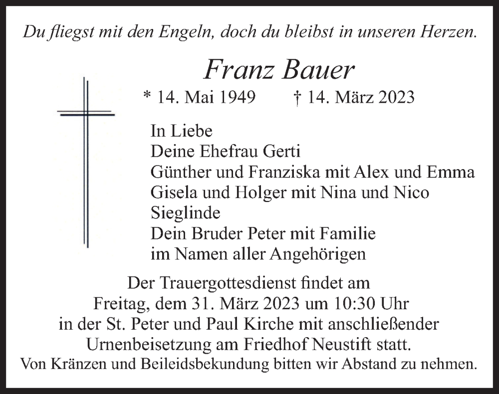  Traueranzeige für Franz Bauer vom 25.03.2023 aus merkurtz