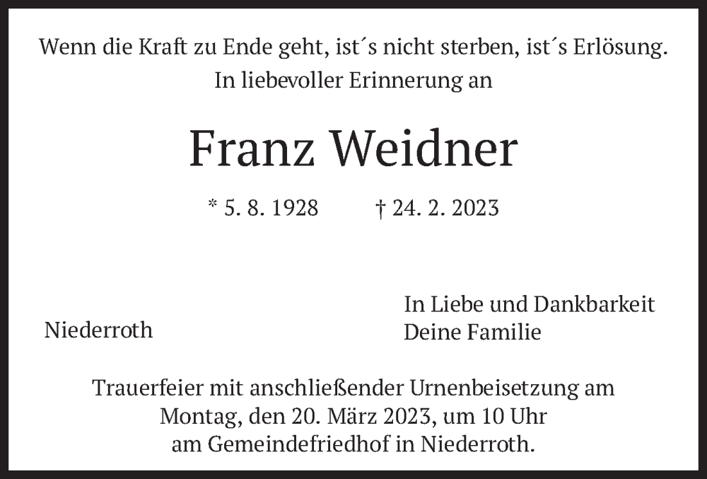  Traueranzeige für Franz Weidner vom 15.03.2023 aus merkurtz
