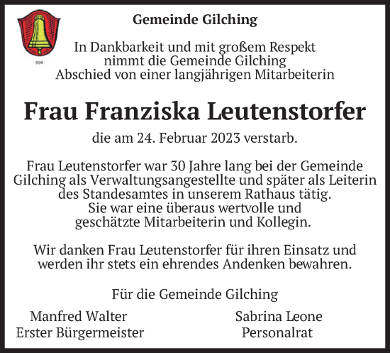 Traueranzeige von Franziska Leutenstorfer von merkurtz