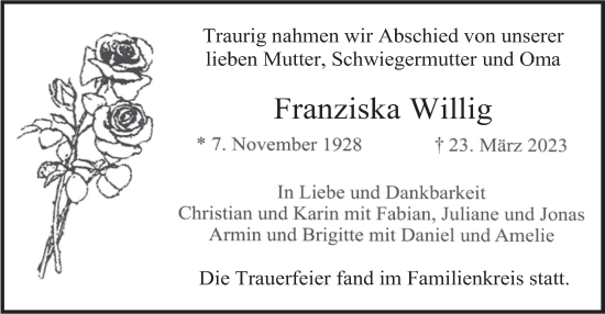 Traueranzeige von Franziska Willig von merkurtz