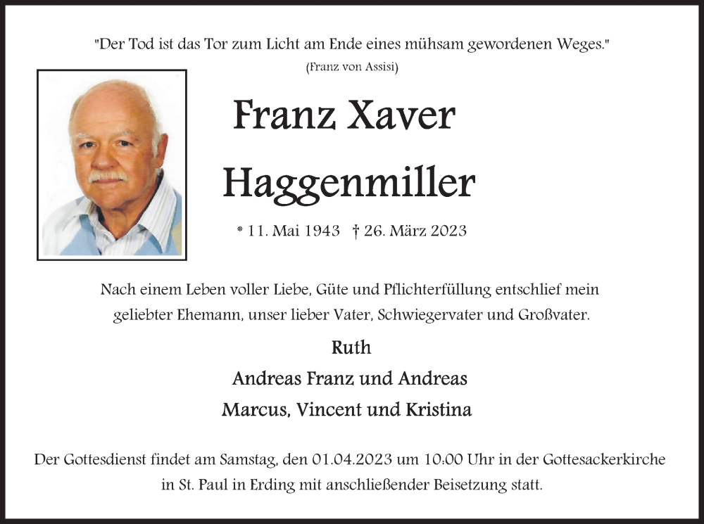  Traueranzeige für Franz Xaver Haggenmiller vom 28.03.2023 aus merkurtz