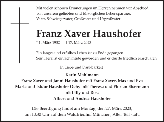 Traueranzeige von Franz Xaver Haushofer von merkurtz
