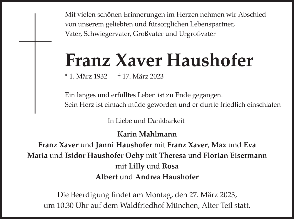 Traueranzeigen Von Franz Xaver Haushofer | Trauer.merkur.de