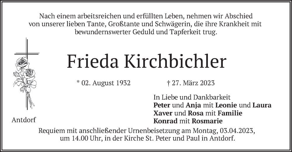 Traueranzeige für Frieda Kirchbichler vom 31.03.2023 aus merkurtz