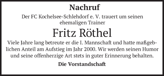 Traueranzeige von Fritz Röthel von merkurtz