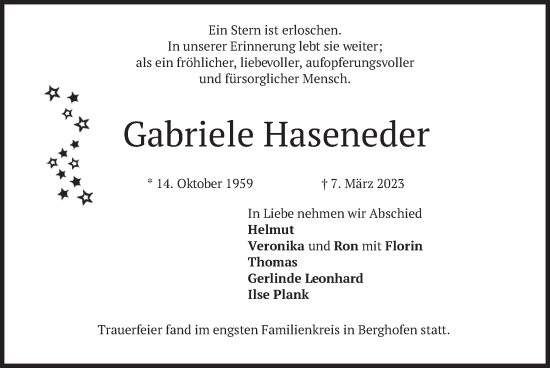 Traueranzeige von Gabriele Haseneder von merkurtz