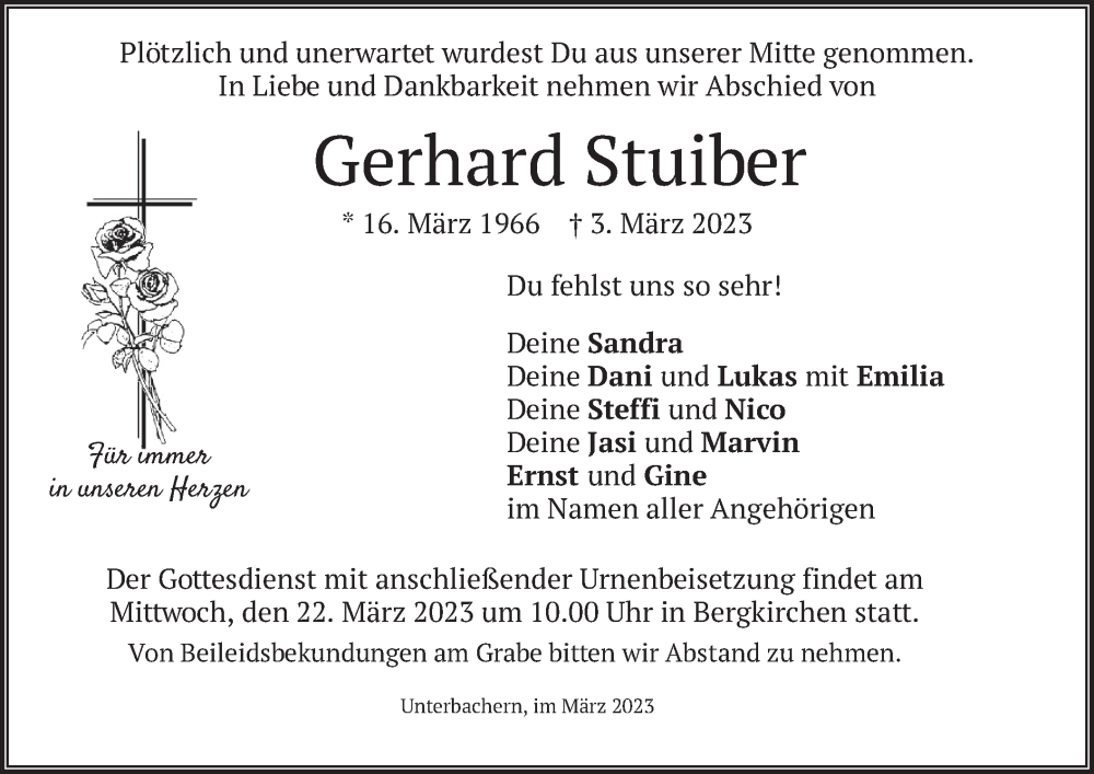  Traueranzeige für Gerhard Stuiber vom 18.03.2023 aus merkurtz