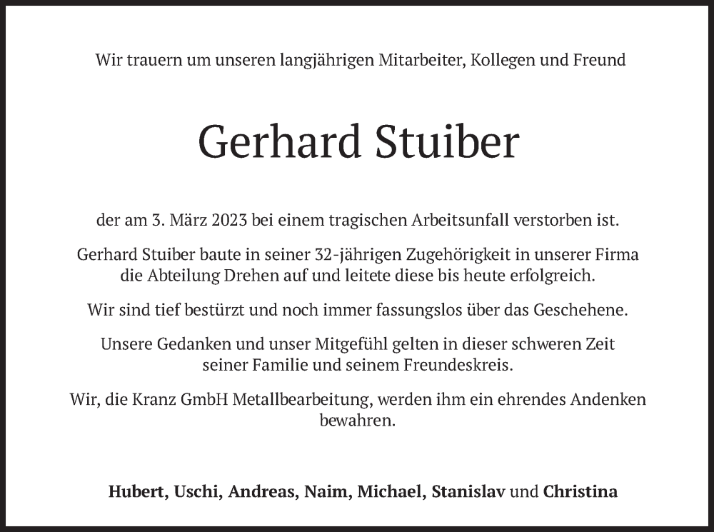  Traueranzeige für Gerhard Stuiber vom 18.03.2023 aus merkurtz
