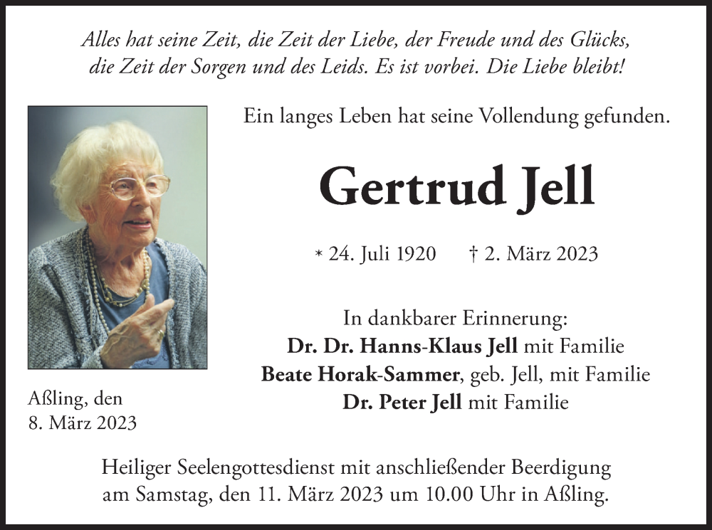  Traueranzeige für Gertrud Jell vom 08.03.2023 aus merkurtz