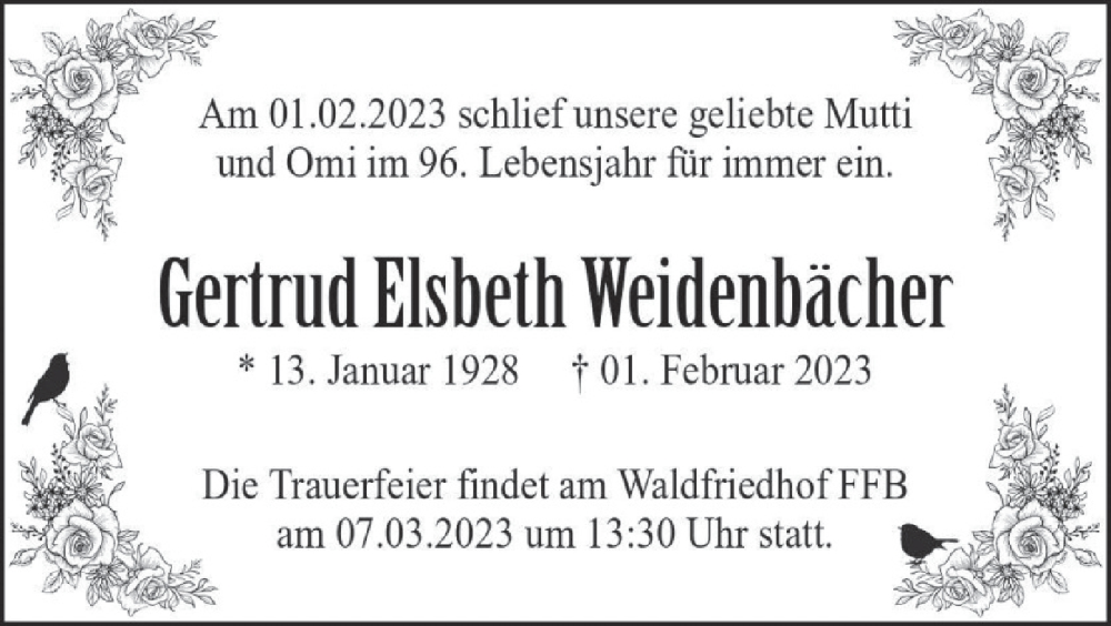  Traueranzeige für Gertrud Elsbeth Weidenbäcker vom 04.03.2023 aus merkurtz