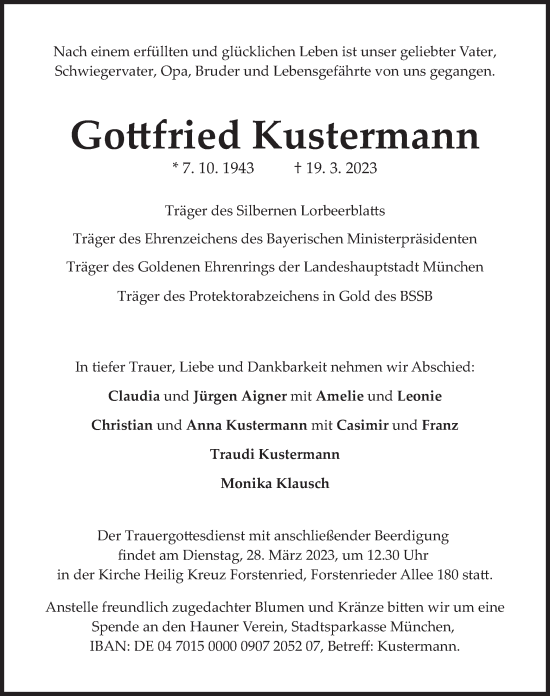 Traueranzeige von Gottfried Kustermann von merkurtz