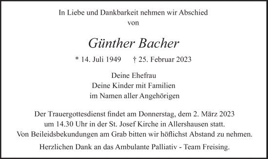 Traueranzeige von Günther Bacher von merkurtz