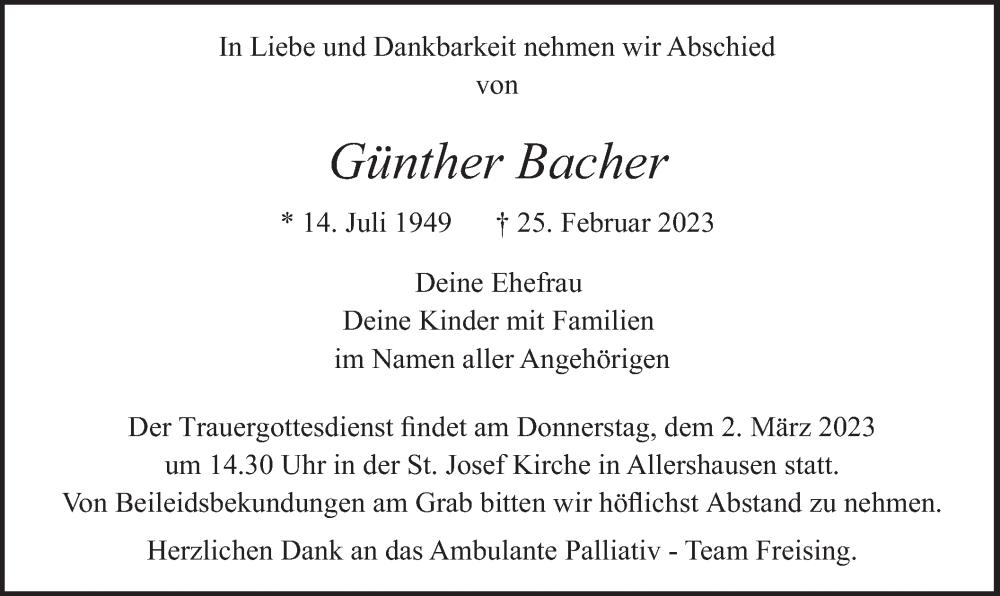  Traueranzeige für Günther Bacher vom 01.03.2023 aus merkurtz