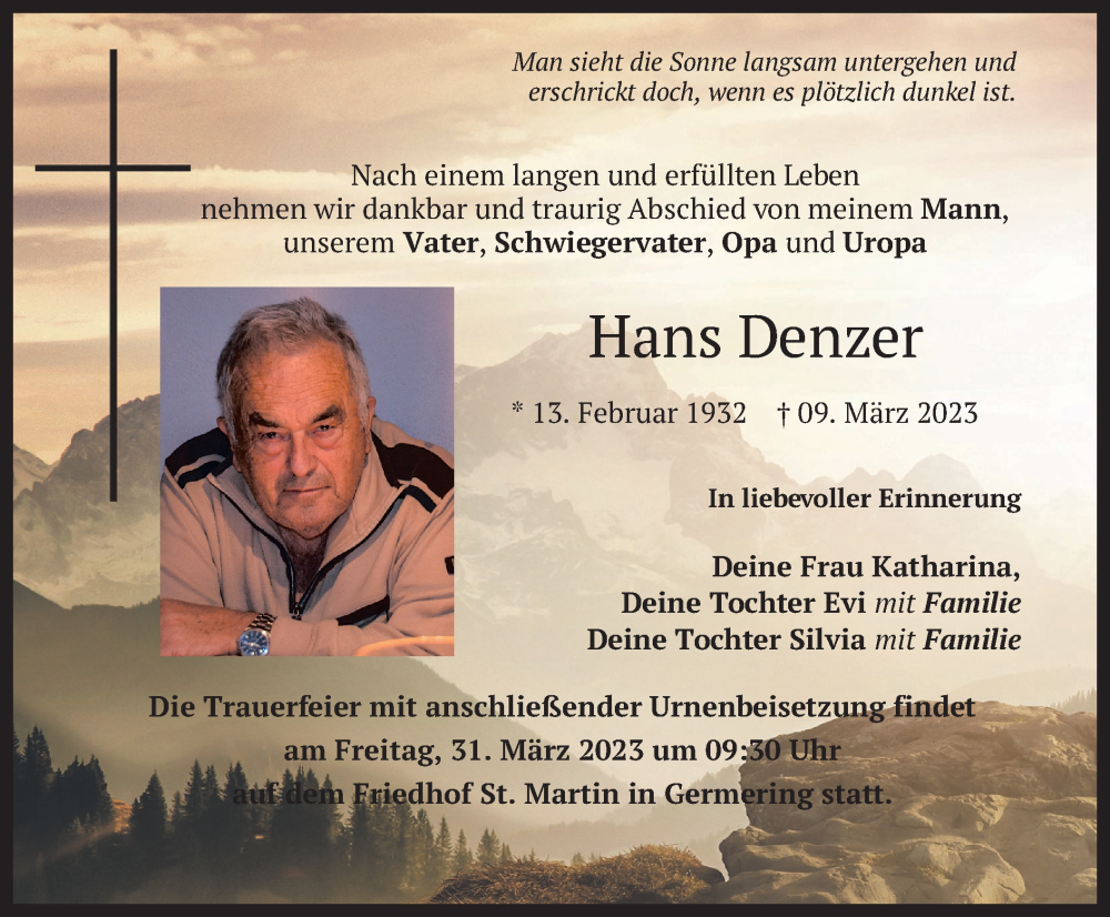  Traueranzeige für Hans Denzer vom 18.03.2023 aus merkurtz