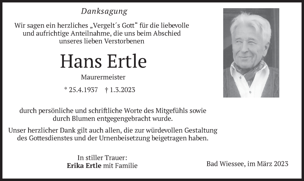  Traueranzeige für Hans Ertle vom 01.04.2023 aus merkurtz