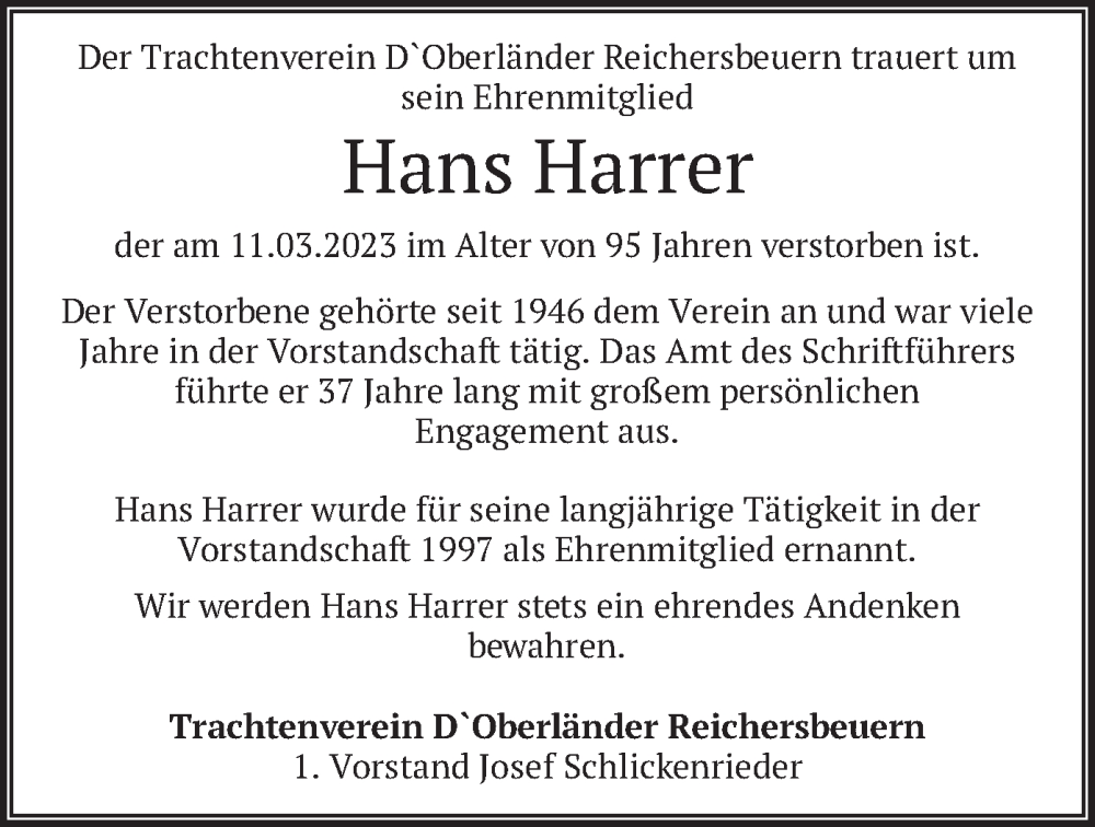  Traueranzeige für Hans Harrer vom 14.03.2023 aus merkurtz