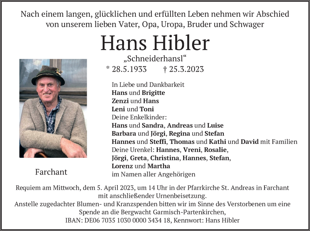  Traueranzeige für Hans Hibler vom 01.04.2023 aus merkurtz