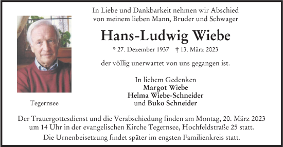 Traueranzeige von Hans-Ludwig Wiebe von merkurtz