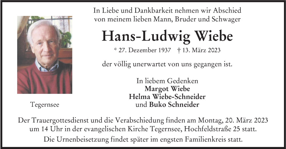  Traueranzeige für Hans-Ludwig Wiebe vom 18.03.2023 aus merkurtz
