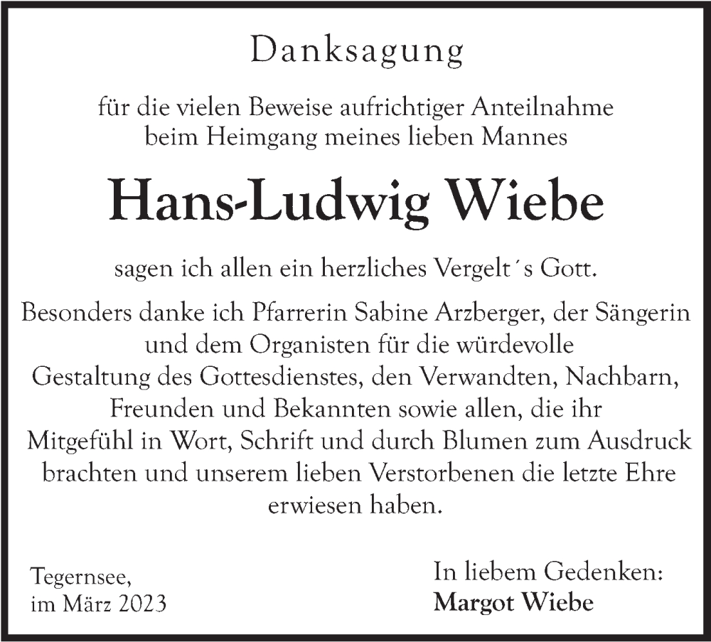  Traueranzeige für Hans-Ludwig Wiebe vom 01.04.2023 aus merkurtz