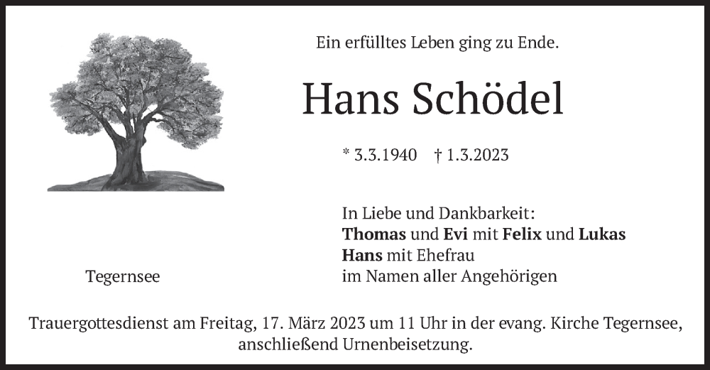  Traueranzeige für Hans Schödel vom 11.03.2023 aus merkurtz