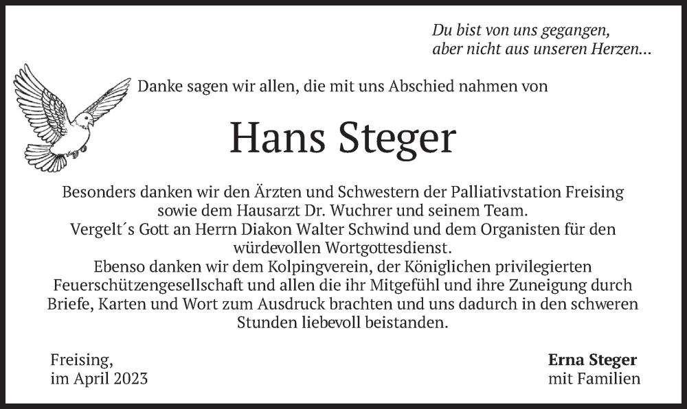  Traueranzeige für Hans Steger vom 01.04.2023 aus merkurtz