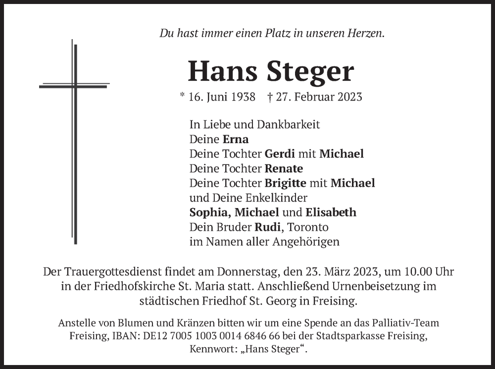  Traueranzeige für Hans Steger vom 18.03.2023 aus merkurtz