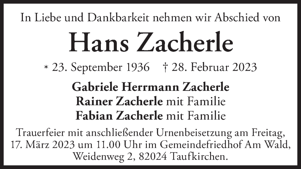  Traueranzeige für Hans Zacherle vom 11.03.2023 aus merkurtz