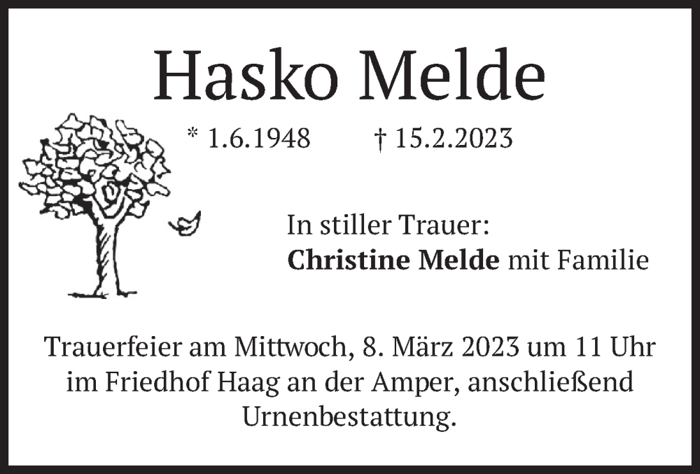  Traueranzeige für Hasko Melde vom 03.03.2023 aus merkurtz
