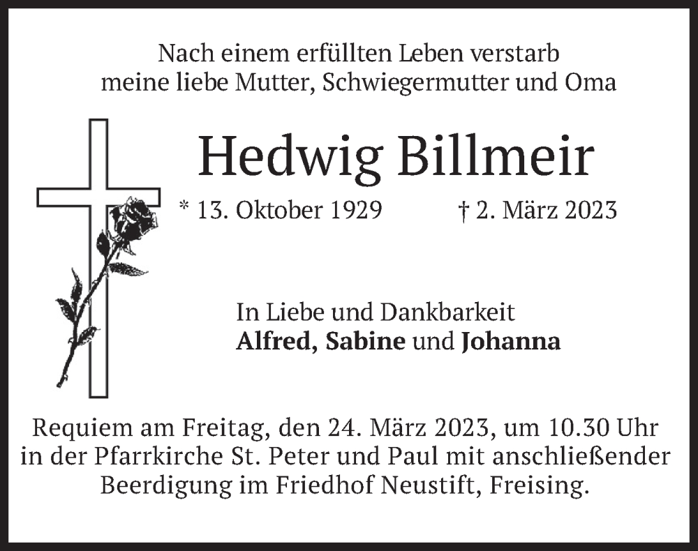  Traueranzeige für Hedwig Billmeir vom 18.03.2023 aus merkurtz