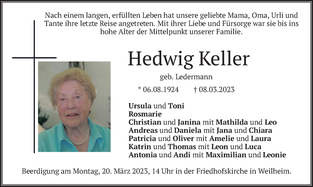  Traueranzeige für Hedwig Keller vom 17.03.2023 aus merkurtz