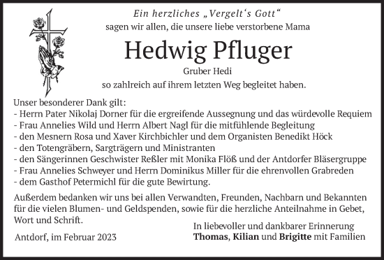 Traueranzeige von Hedwig Pfluger von merkurtz