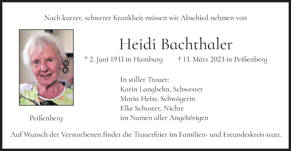  Traueranzeige für Heidi Bachthaler vom 16.03.2023 aus merkurtz