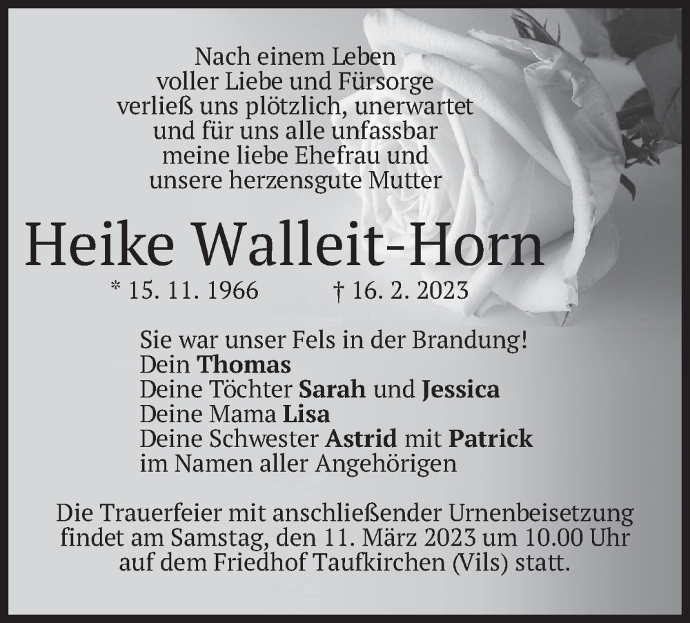  Traueranzeige für Heike Walleit-Horn vom 04.03.2023 aus merkurtz