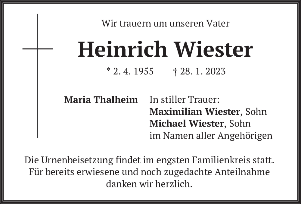  Traueranzeige für Heinrich Wiester vom 13.03.2023 aus merkurtz