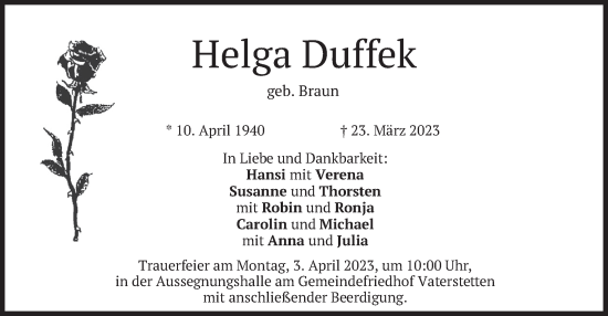 Traueranzeige von Helga Duffek von merkurtz