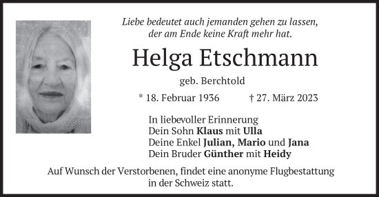 Traueranzeige von Helga Etschmann von merkurtz