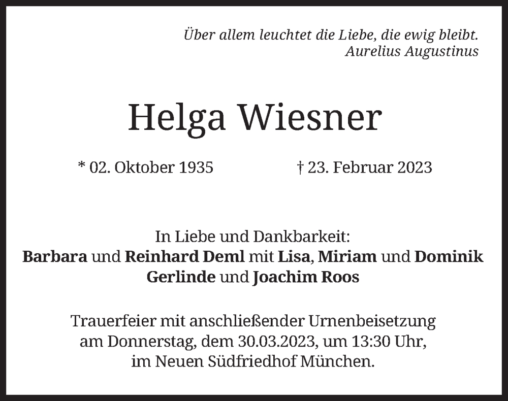  Traueranzeige für Helga Wiesner vom 18.03.2023 aus merkurtz