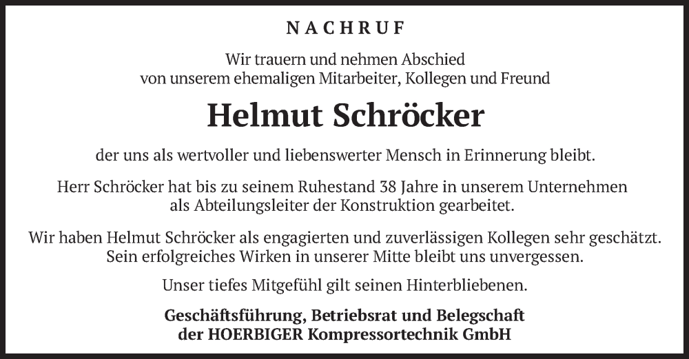  Traueranzeige für Helmut Schröcker vom 28.03.2023 aus merkurtz