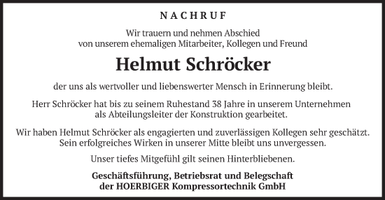 Traueranzeige von Helmut Schröcker von merkurtz