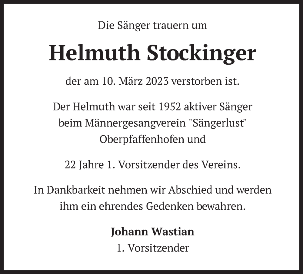  Traueranzeige für Helmuth Stockinger vom 15.03.2023 aus merkurtz