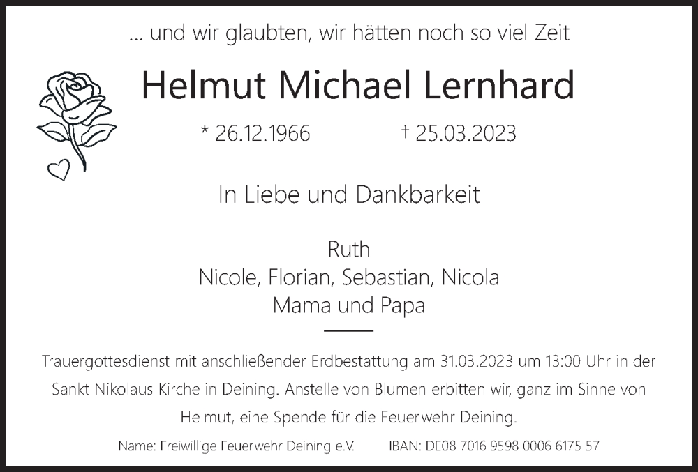  Traueranzeige für Helmut Michael Lernhard vom 29.03.2023 aus merkurtz