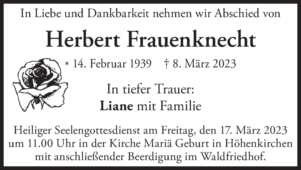  Traueranzeige für Herbert Frauenknecht vom 14.03.2023 aus merkurtz