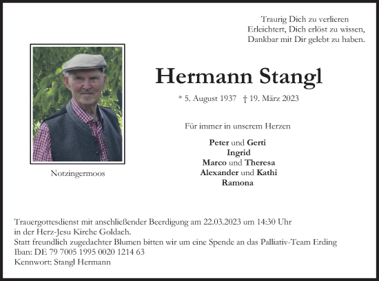 Traueranzeige von Hermann Stangl von merkurtz