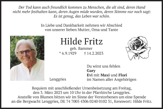 Traueranzeige von Hilde Fritz von merkurtz