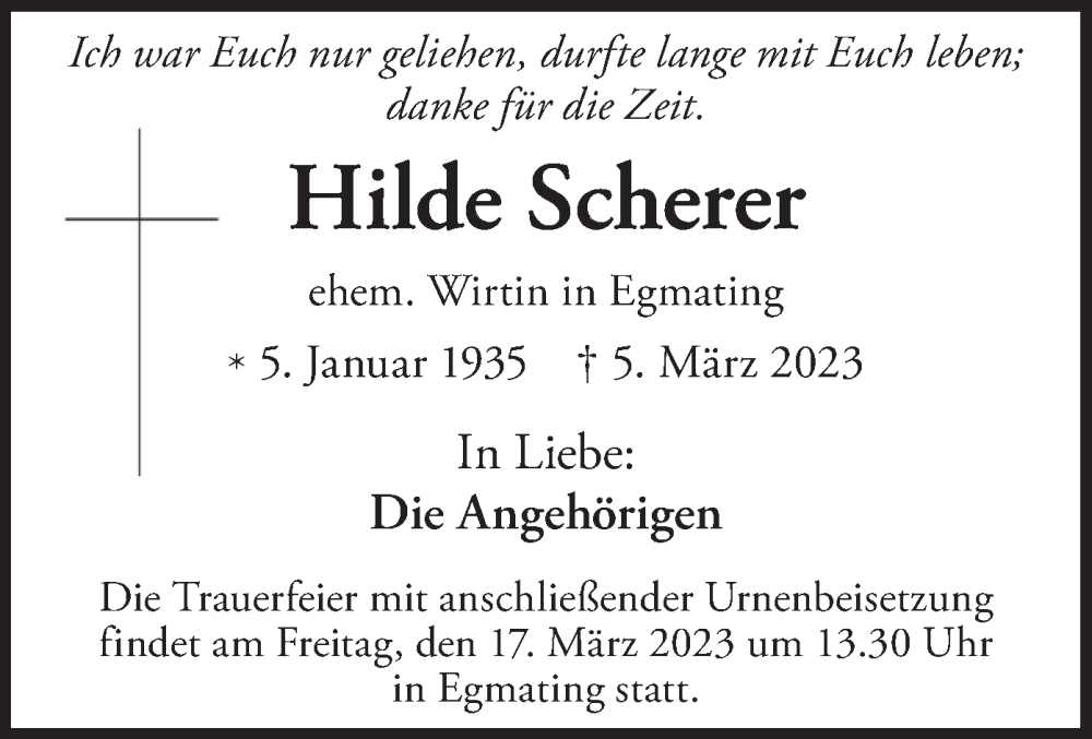  Traueranzeige für Hilde Scherer vom 15.03.2023 aus merkurtz