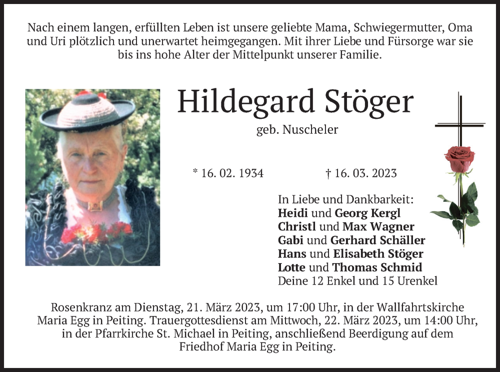  Traueranzeige für Hildegard Stöger vom 18.03.2023 aus merkurtz