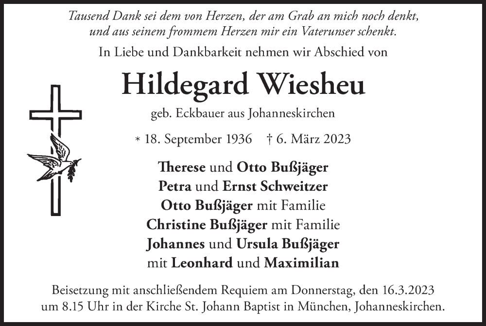  Traueranzeige für Hildegard Wiesheu vom 11.03.2023 aus merkurtz